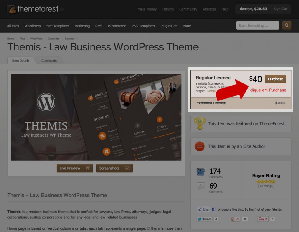 Clique em "Purchase" na página do Themeforest